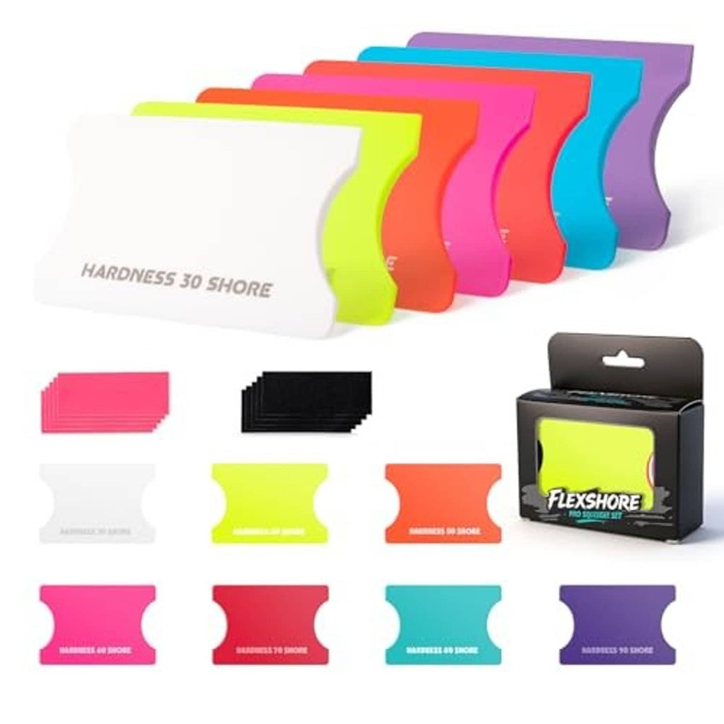 Vinyl wrap squeegee kit with colored blades, felt pads, and retail box display