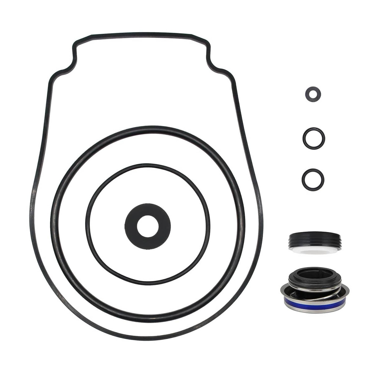 Black O-ring and gasket seals set with multiple circular rings and a gasket