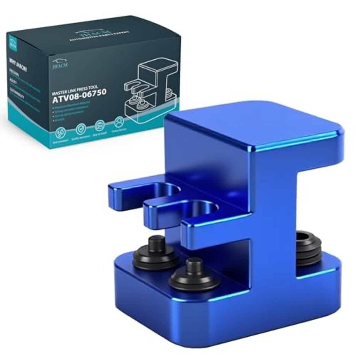 Blue master link press tool with two black dies and open tool slot design