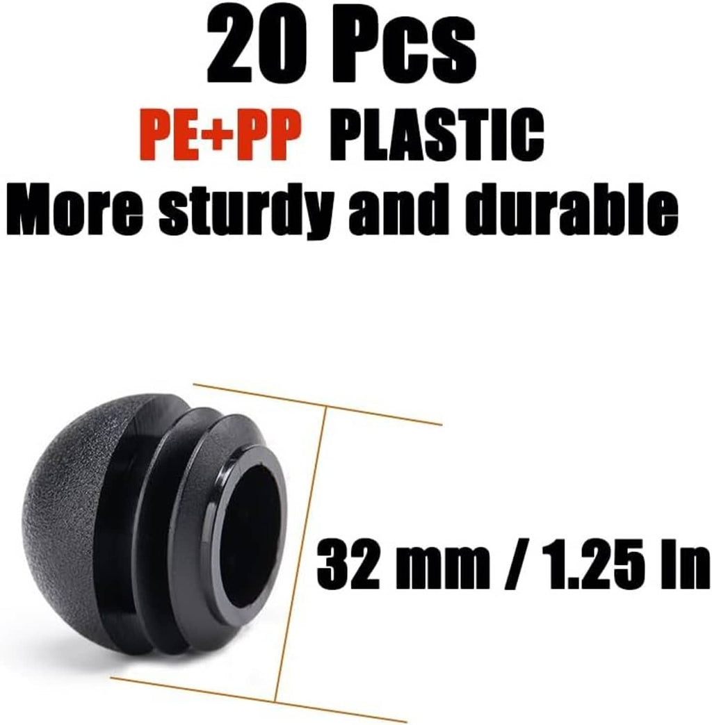 Black plastic chair leg end caps (20 pcs), 32 mm insert size