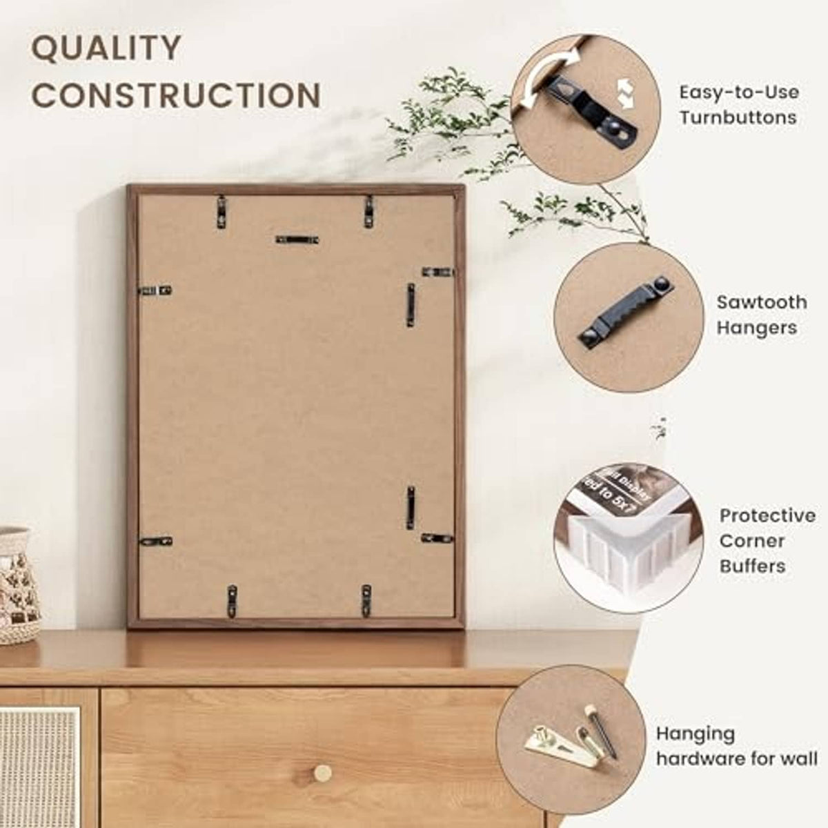 Back of walnut wood picture frame with hanging hardware and protective corner bumpers