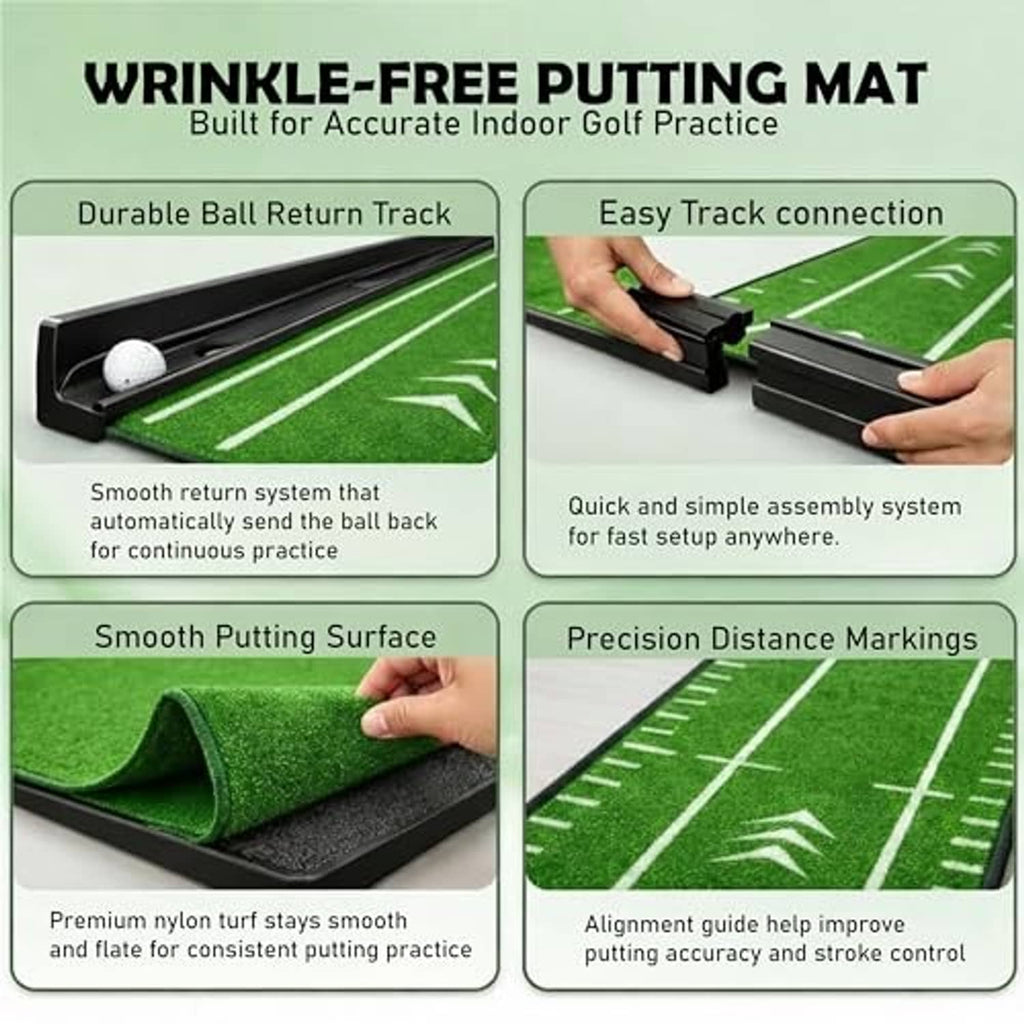 Wrinkle-free green putting mat with ball return track and precision distance markings