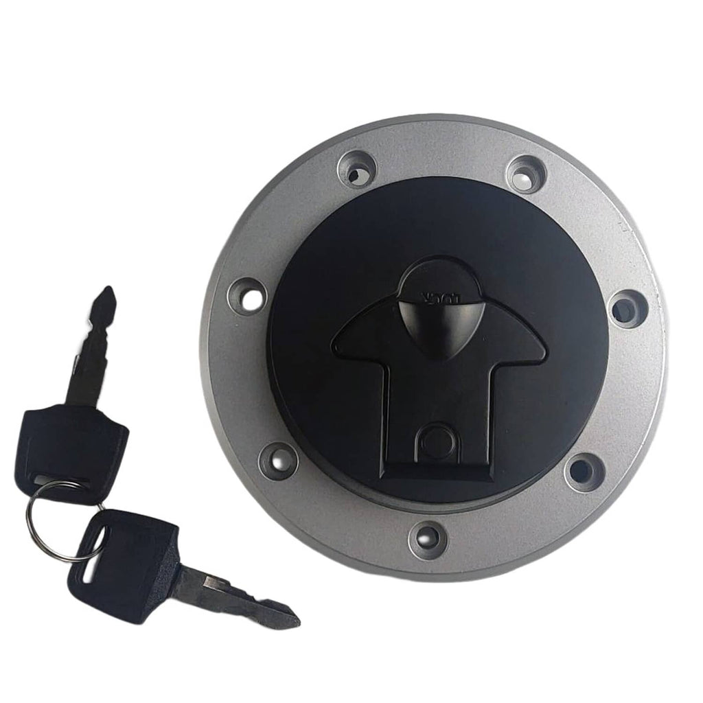 Fuel tank gas cap with locking key and black insert, front view.