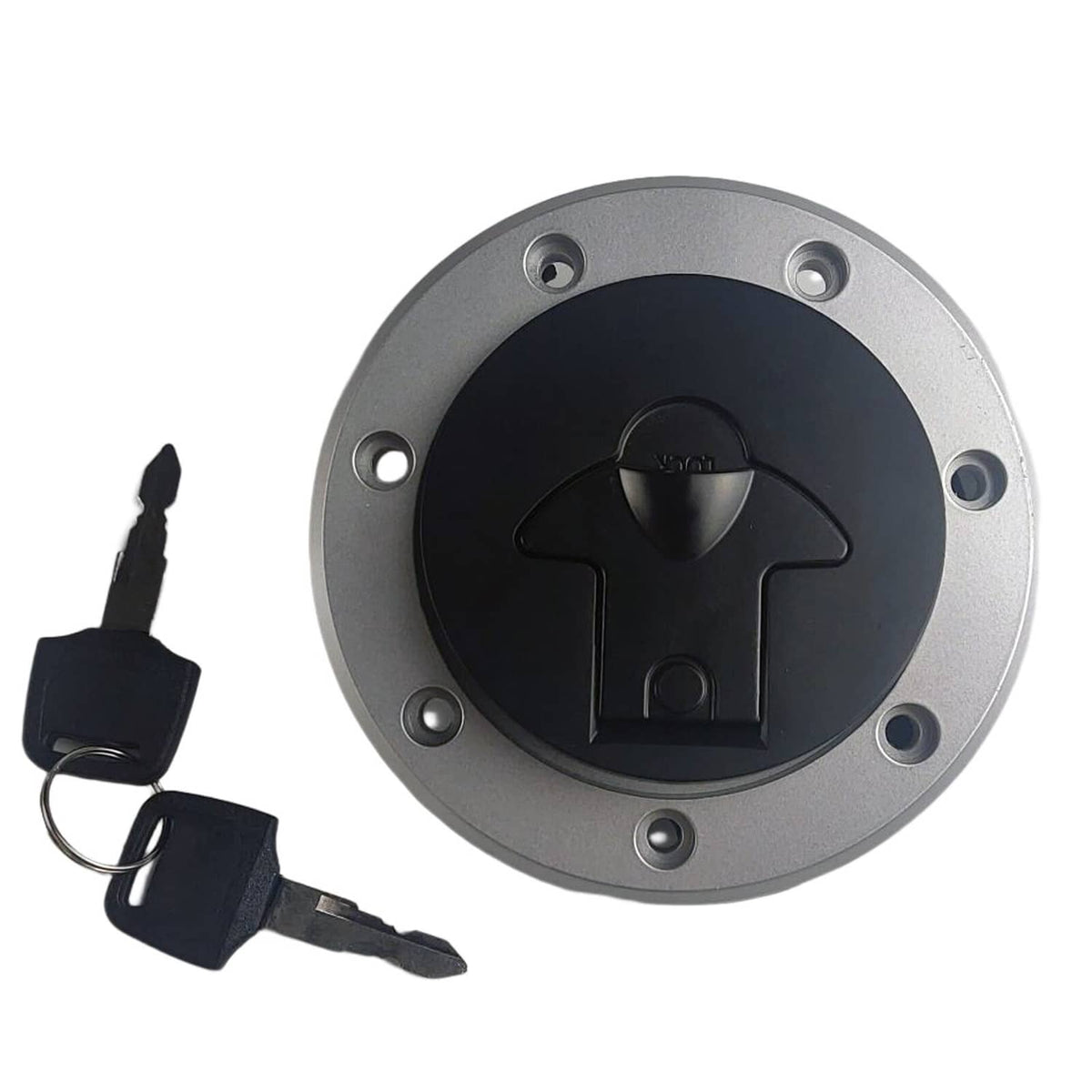 Fuel tank gas cap with locking key and black insert, front view.