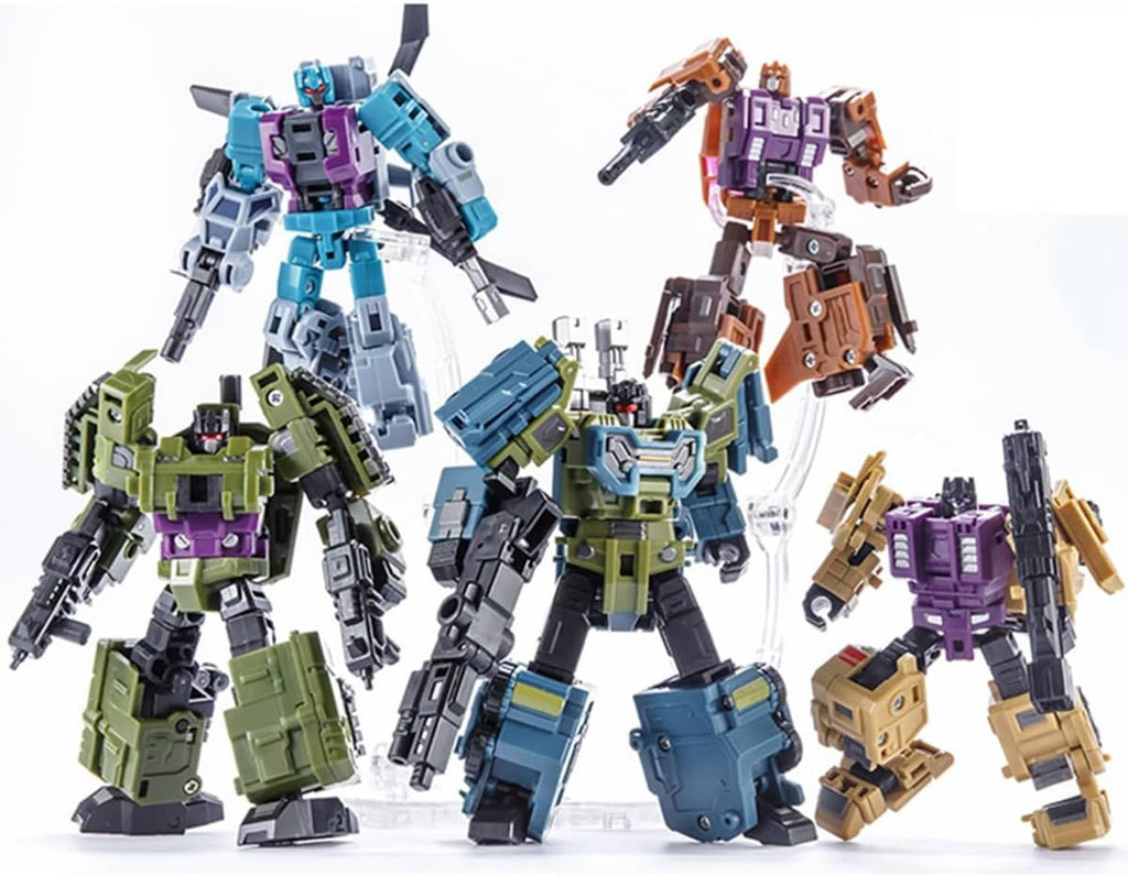 Robot action figure set with multiple transformable mecha in blue, green, purple, and tan