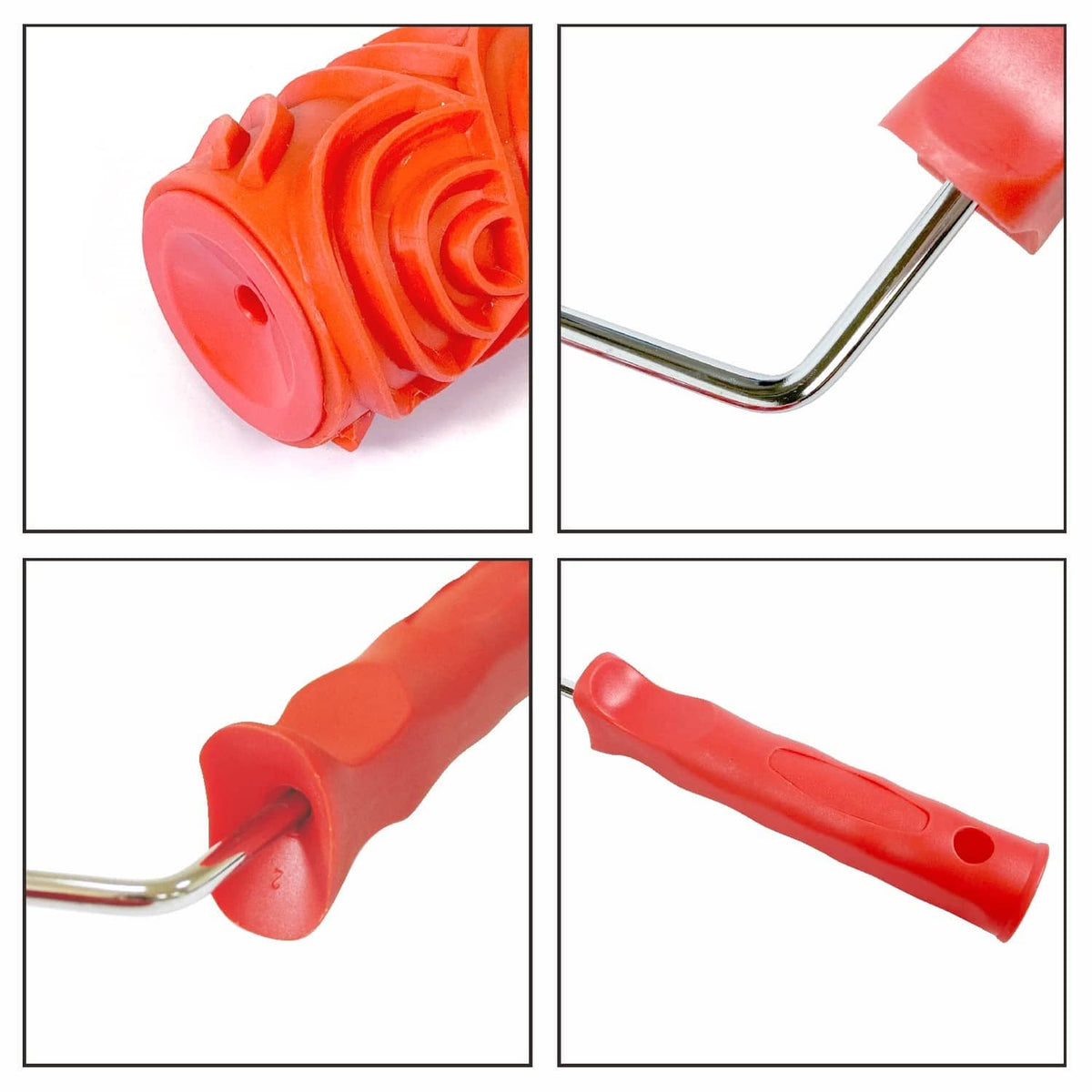 Close-up of orange patterned roller head and curved metal handle