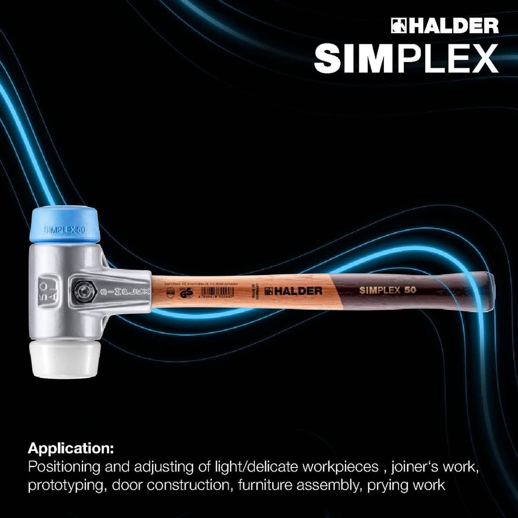 Simplex soft-faced mallet with blue insert and silver head on brown wooden handle.