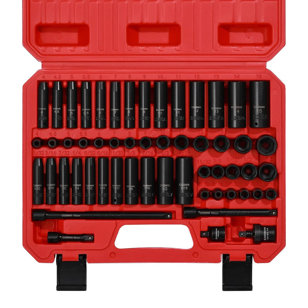 1/4-in drive impact socket set in red case with black sockets and extensions
