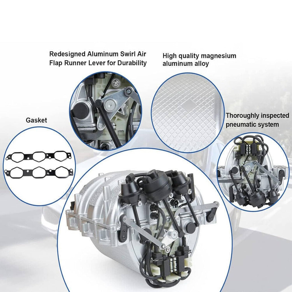 Silver intake manifold assembly with black valve parts, shown with gasket diagrams