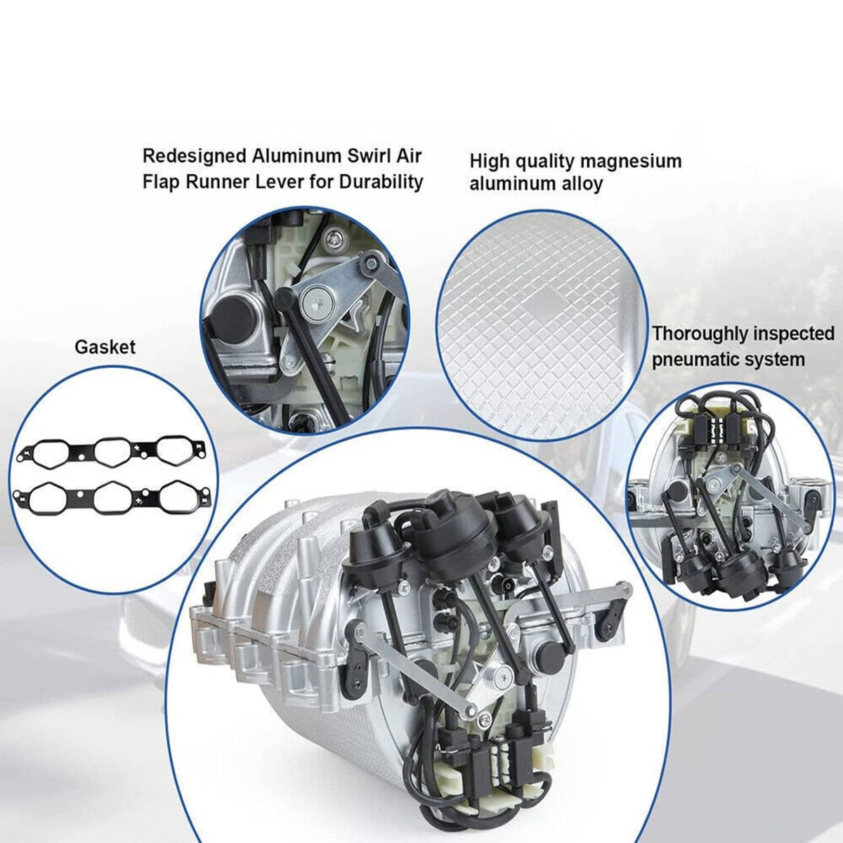 Silver intake manifold assembly with black valve parts, shown with gasket diagrams