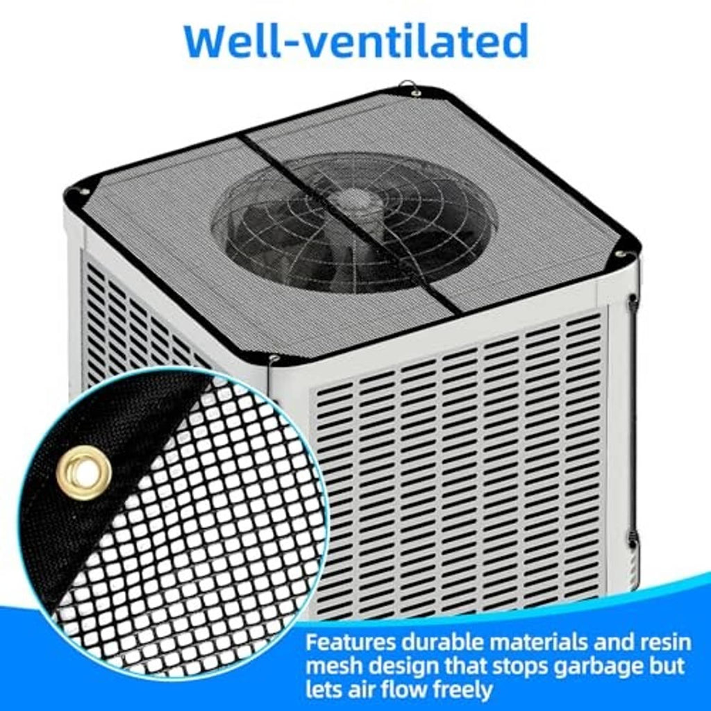 Vented outdoor AC unit mesh cover with black elastic edge and corner grommets