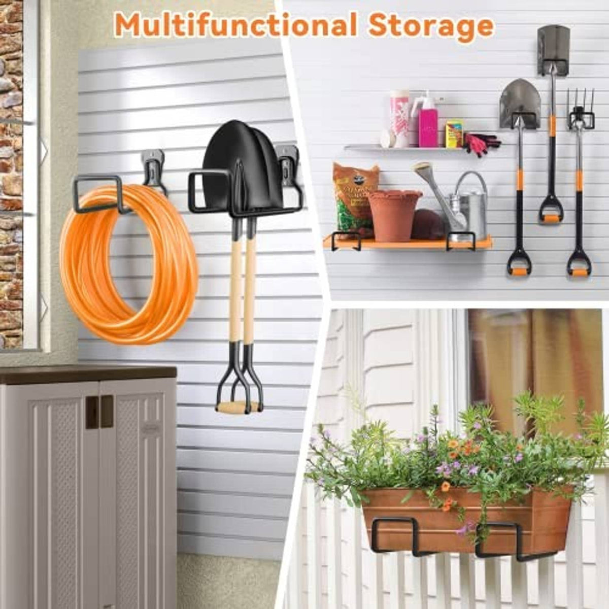 Set of black metal hose hangers and mounting accessories for outdoor wall storage