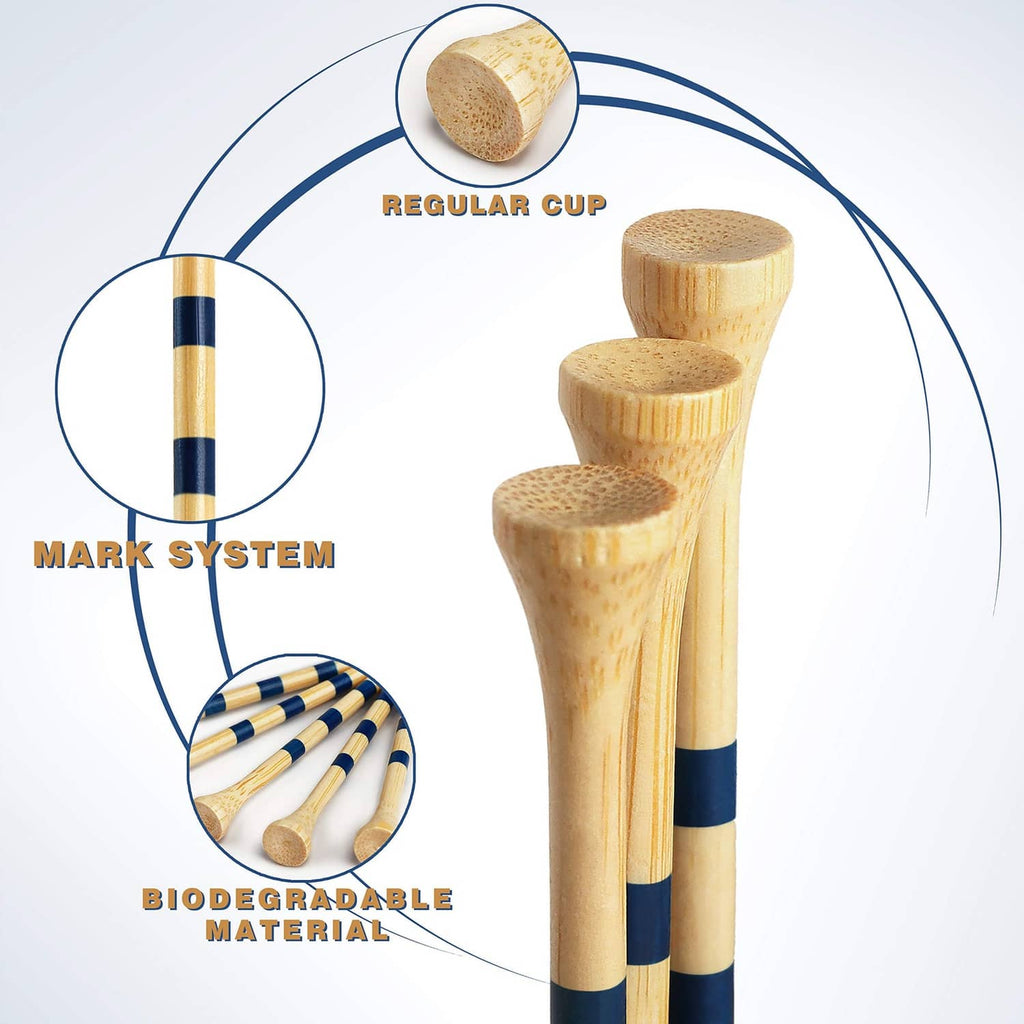 Bamboo golf tees with blue stripe bands and round heads, three tees shown
