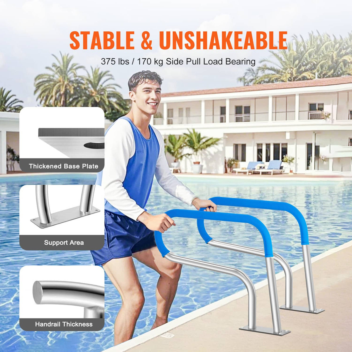 Stainless steel pool handrail, thick arms with blue grips and reinforced base