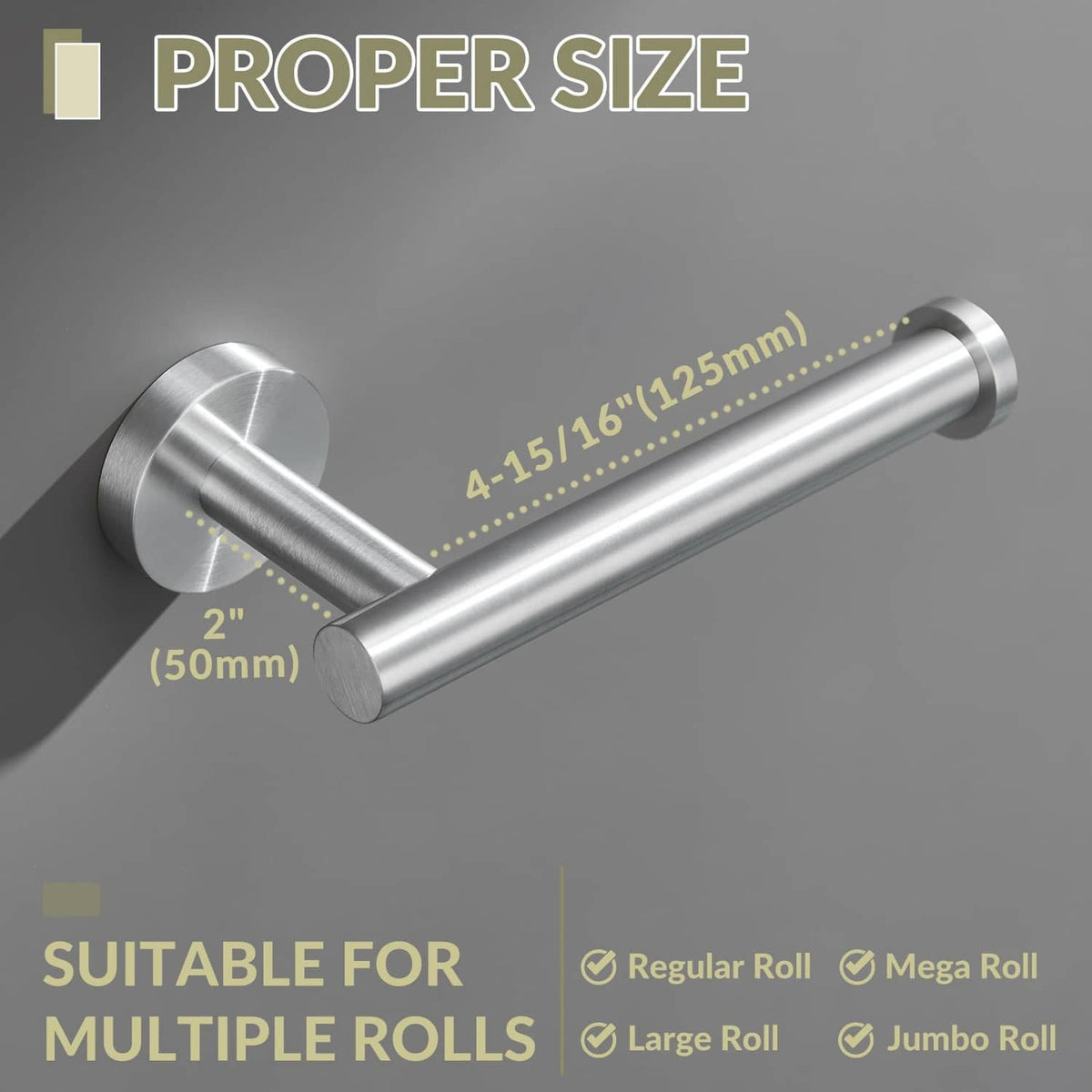 Brushed nickel stainless toilet paper holder with long cylindrical support arm
