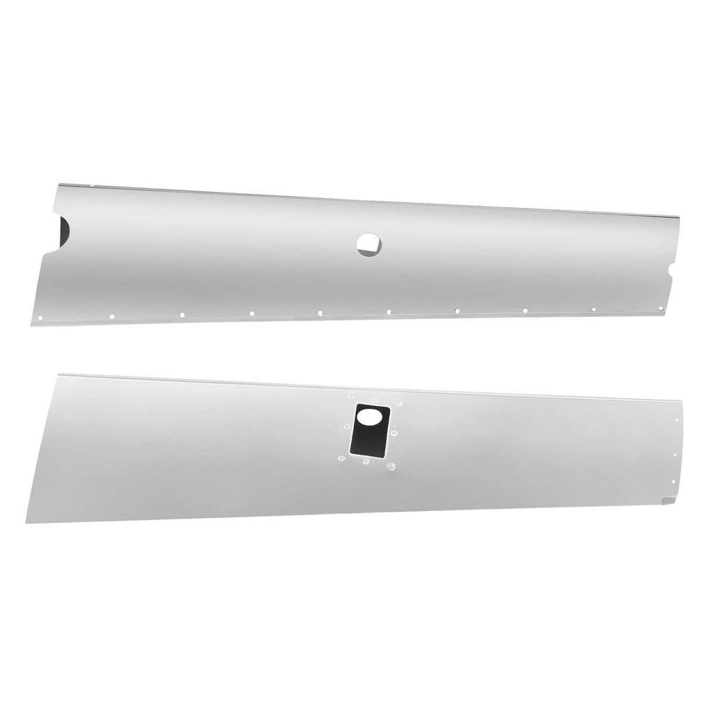 Silvery aluminum landing gear fairing panels with round and square access holes