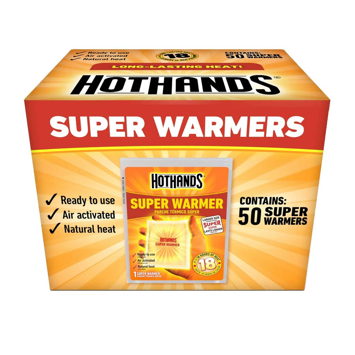 Hothands Super Warmers air-activated heat warmer box, contains 50 warmers