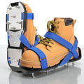 Tan spiked work shoes with blue crisscross straps and lace-up front