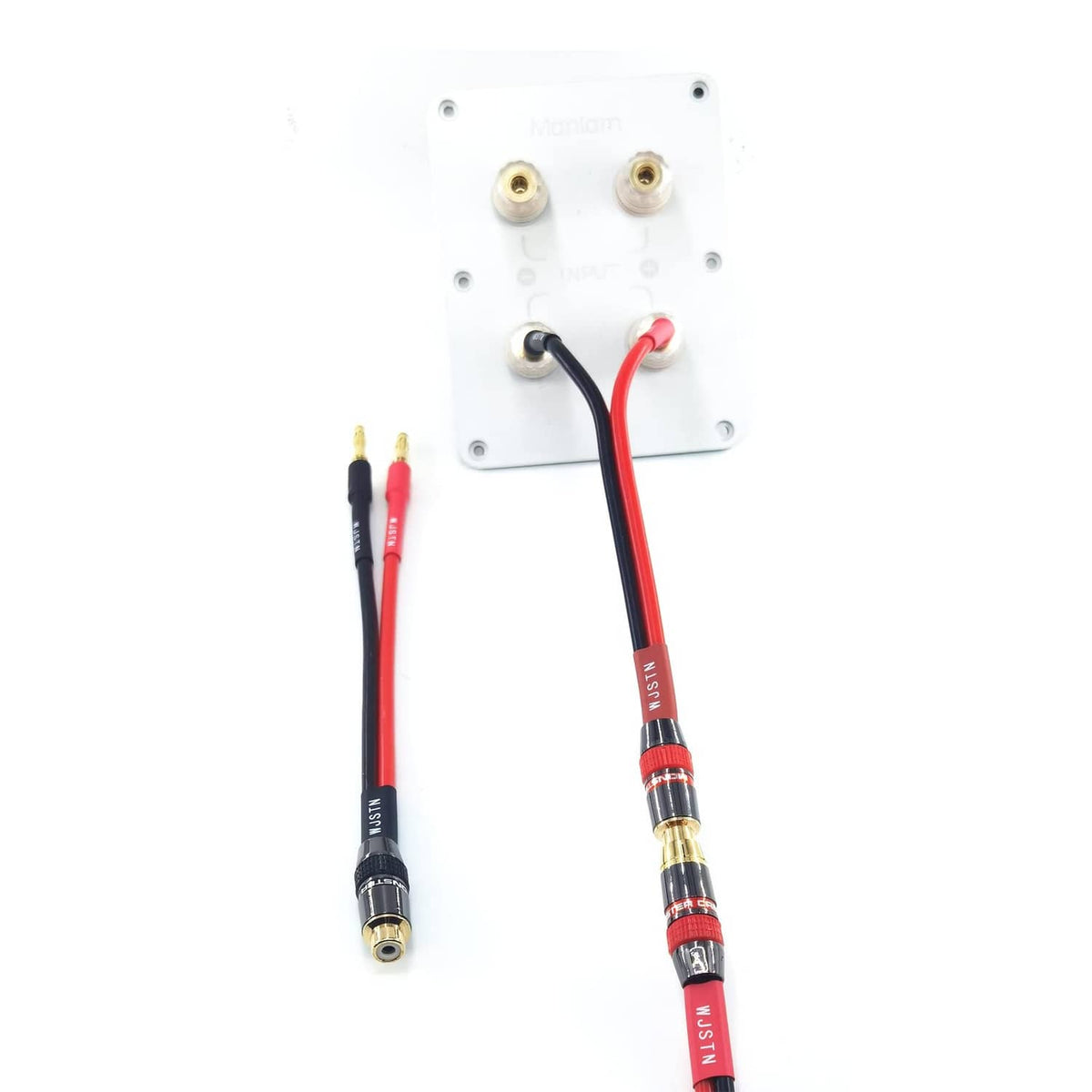 Speaker cable with gold banana plugs connected to a binding post adapter plate