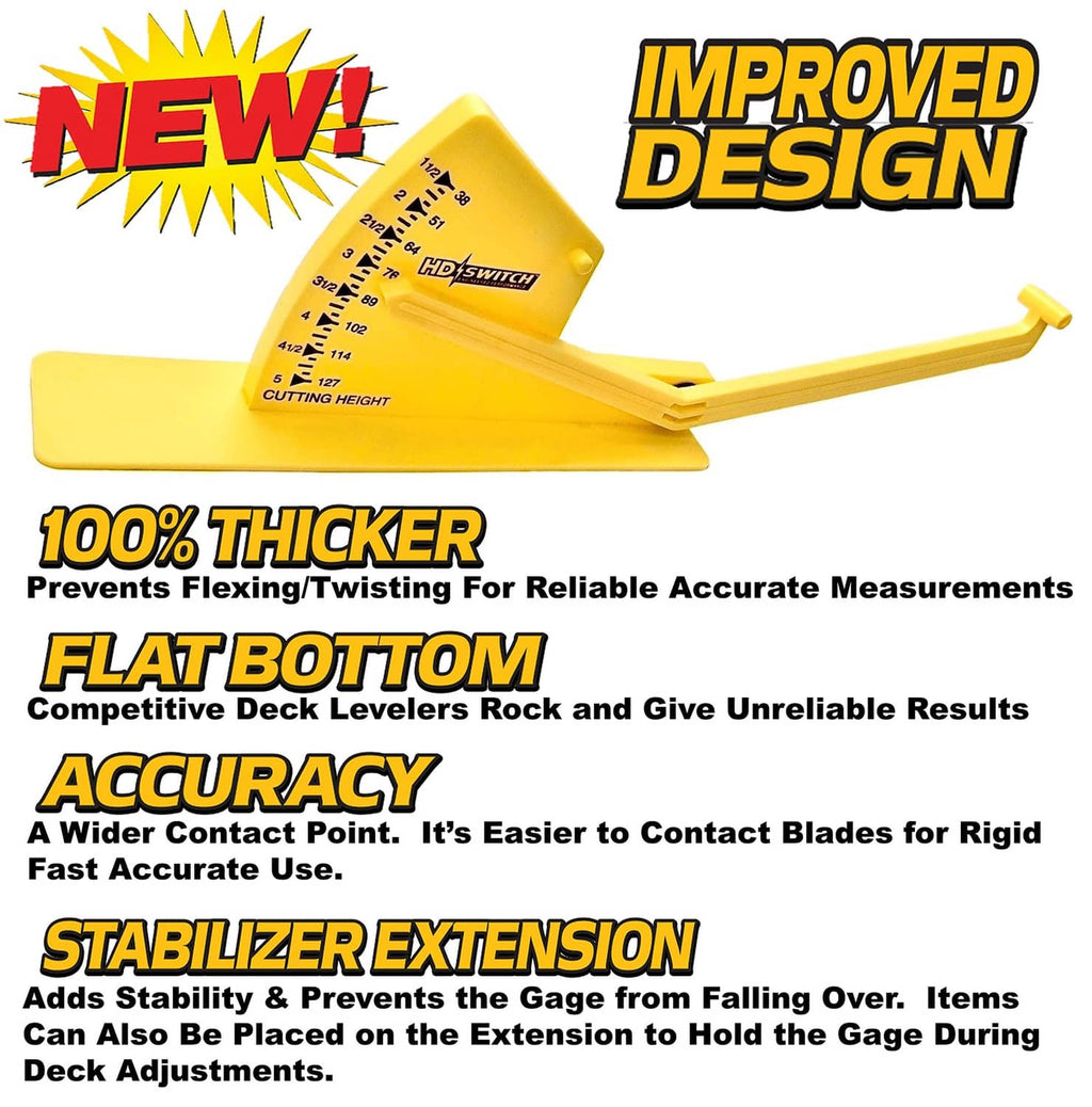 Yellow deck leveling stabilizer extension with height scale, rigid arm, and flat base