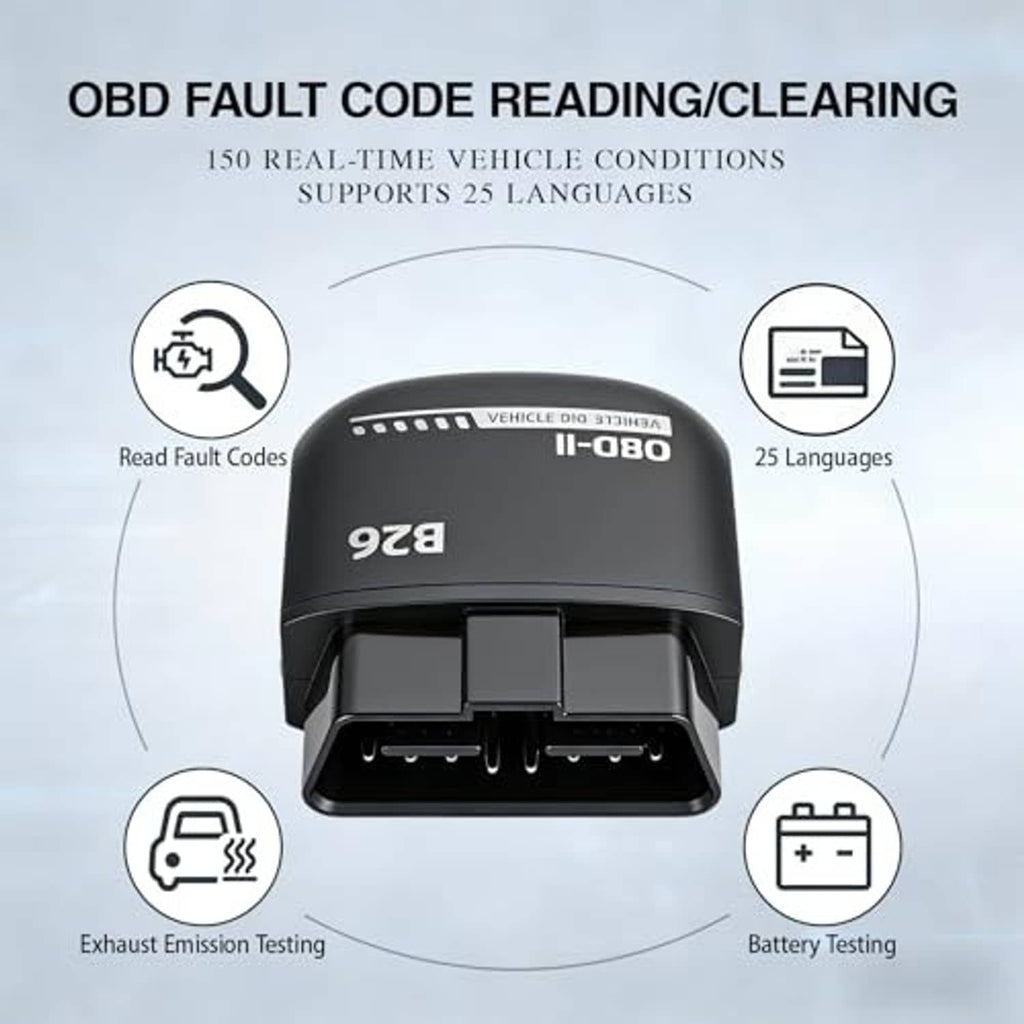B26 OBD-II Bluetooth scanner front view with connector and fault-code area