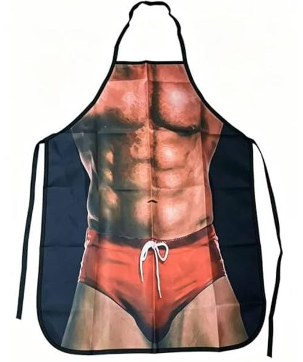 Muscle-man print novelty kitchen apron, black side ties and red trunk graphic