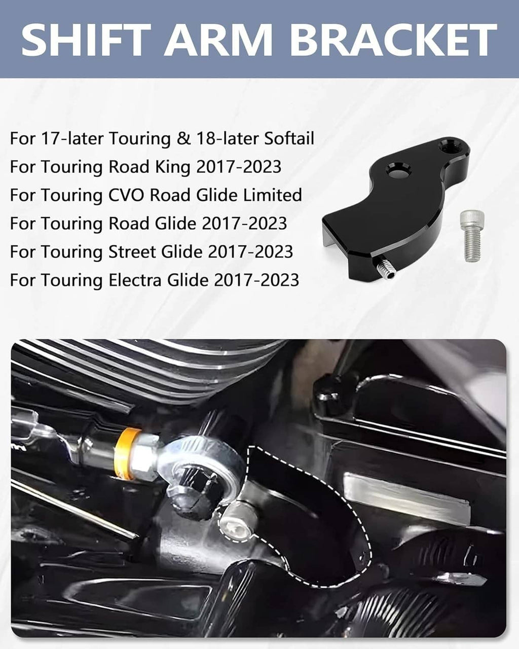 Black shift arm bracket with bolt mounting hole, shown with compatibility graphic