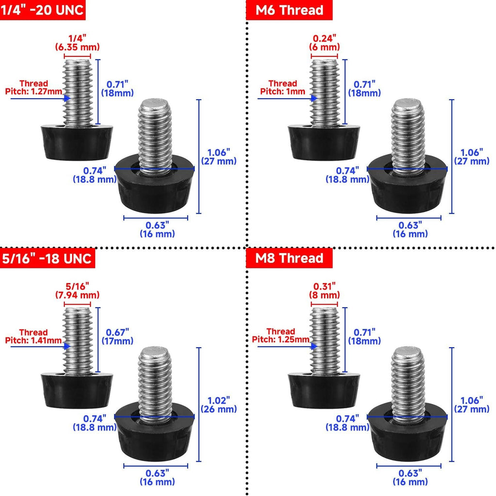 Black M6 thread screw-in leveler base with pitch and height size measurements