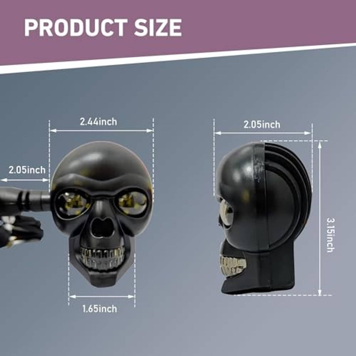 Skull-shaped LED turn signal lights, front and side views with size markers