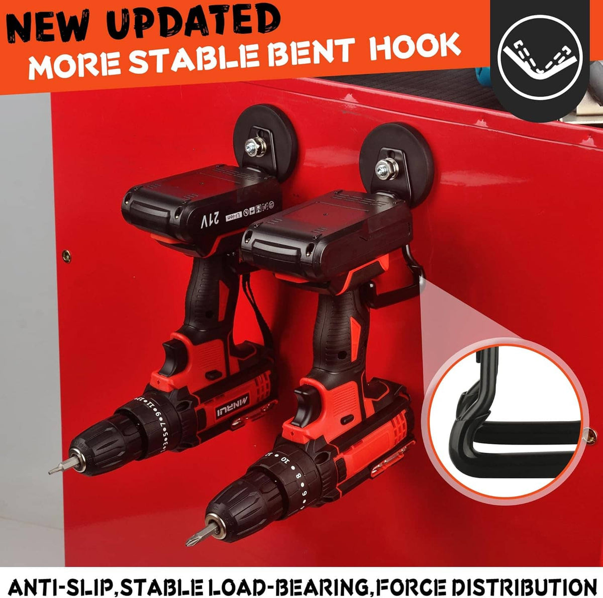Black magnetic drill hooks attached to a metal panel with two U-shaped hanging arms