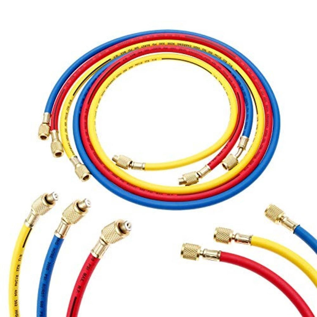 Refrigerant charging hose bundle showing brass valve fittings on blue, yellow, and red lines
