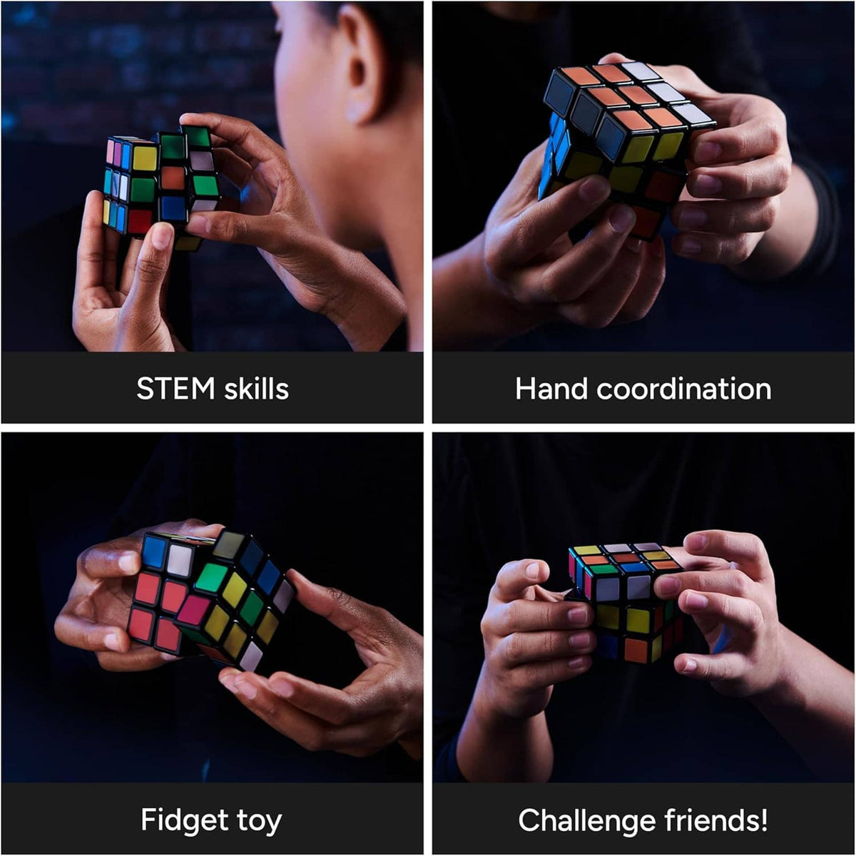 People holding 3x3 color-changing cubes with multicolor tiles