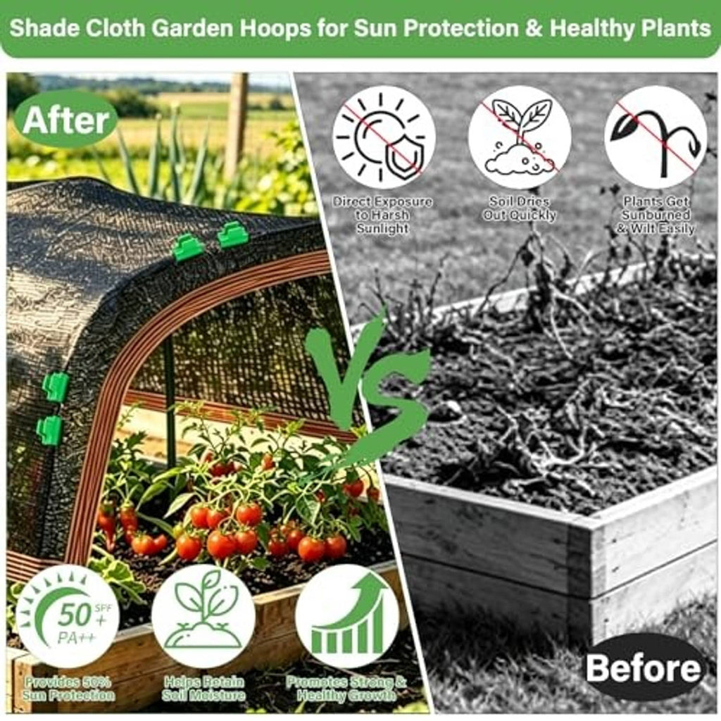 Garden shade cloth hoop kit with black canopy fabric and green support clips
