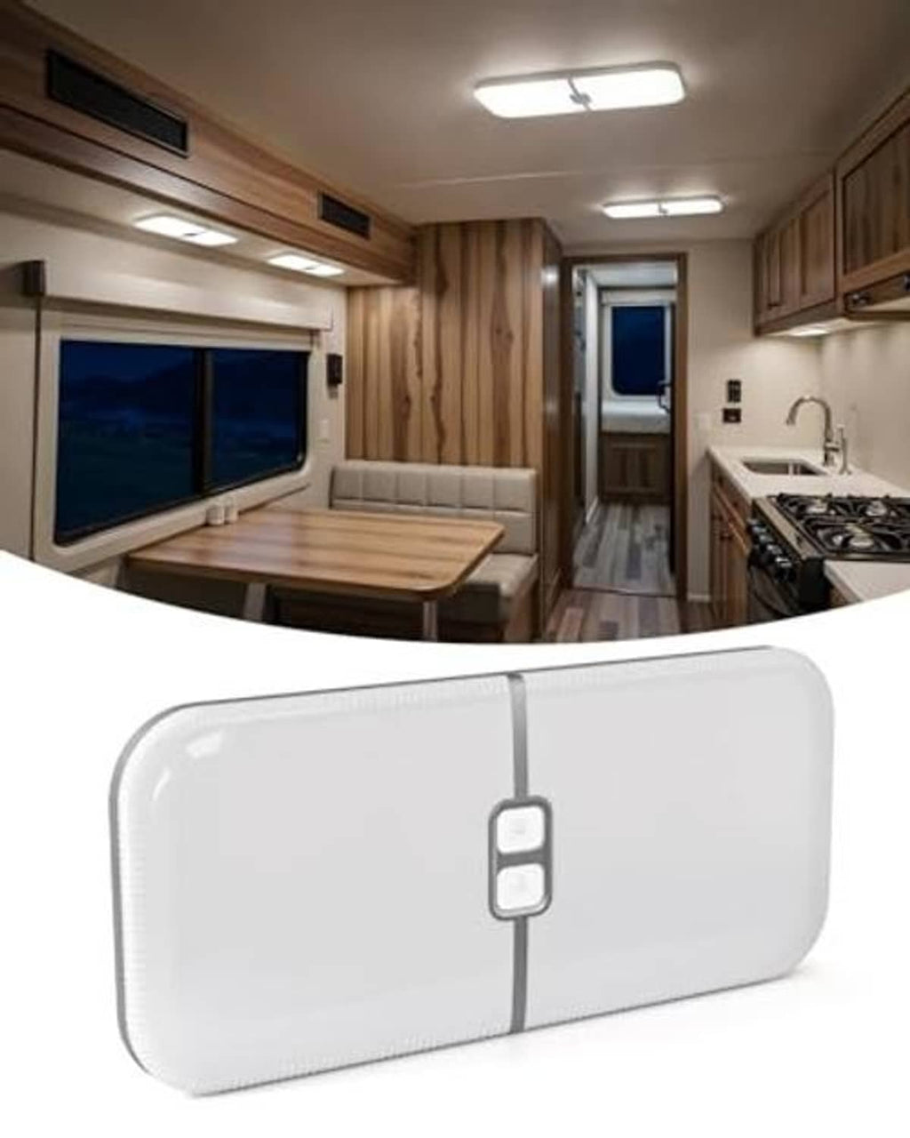 White RV LED ceiling dome light with central seam and small wiring connector, front housing view.