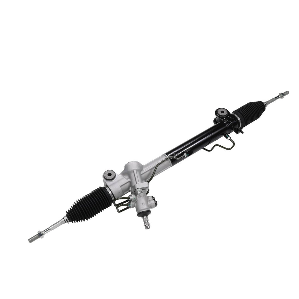 Power steering rack and pinion assembly with silver housing and black rubber boot