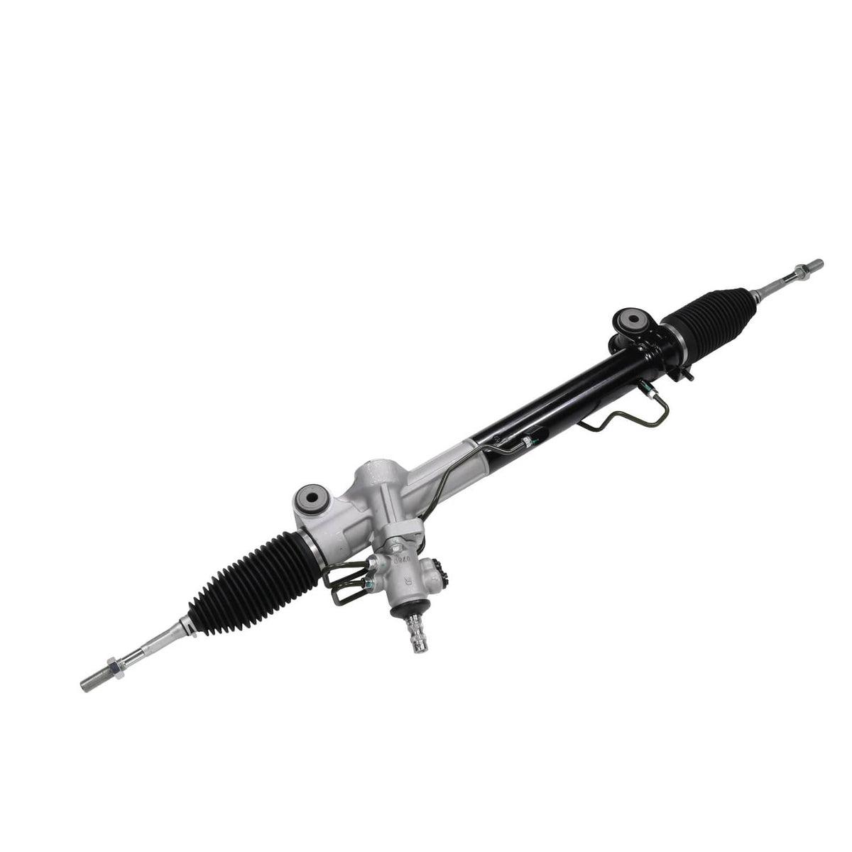Power steering rack and pinion assembly with silver housing and black rubber boot