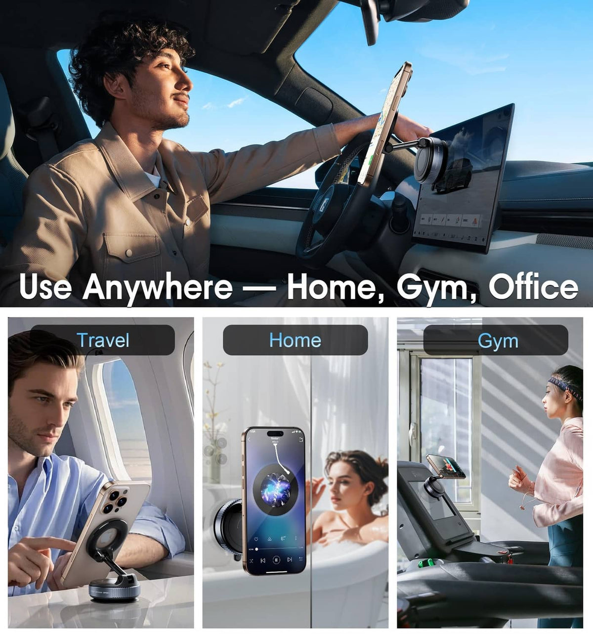 Black magnetic car phone holder with smartphone mounted on dashboard mount