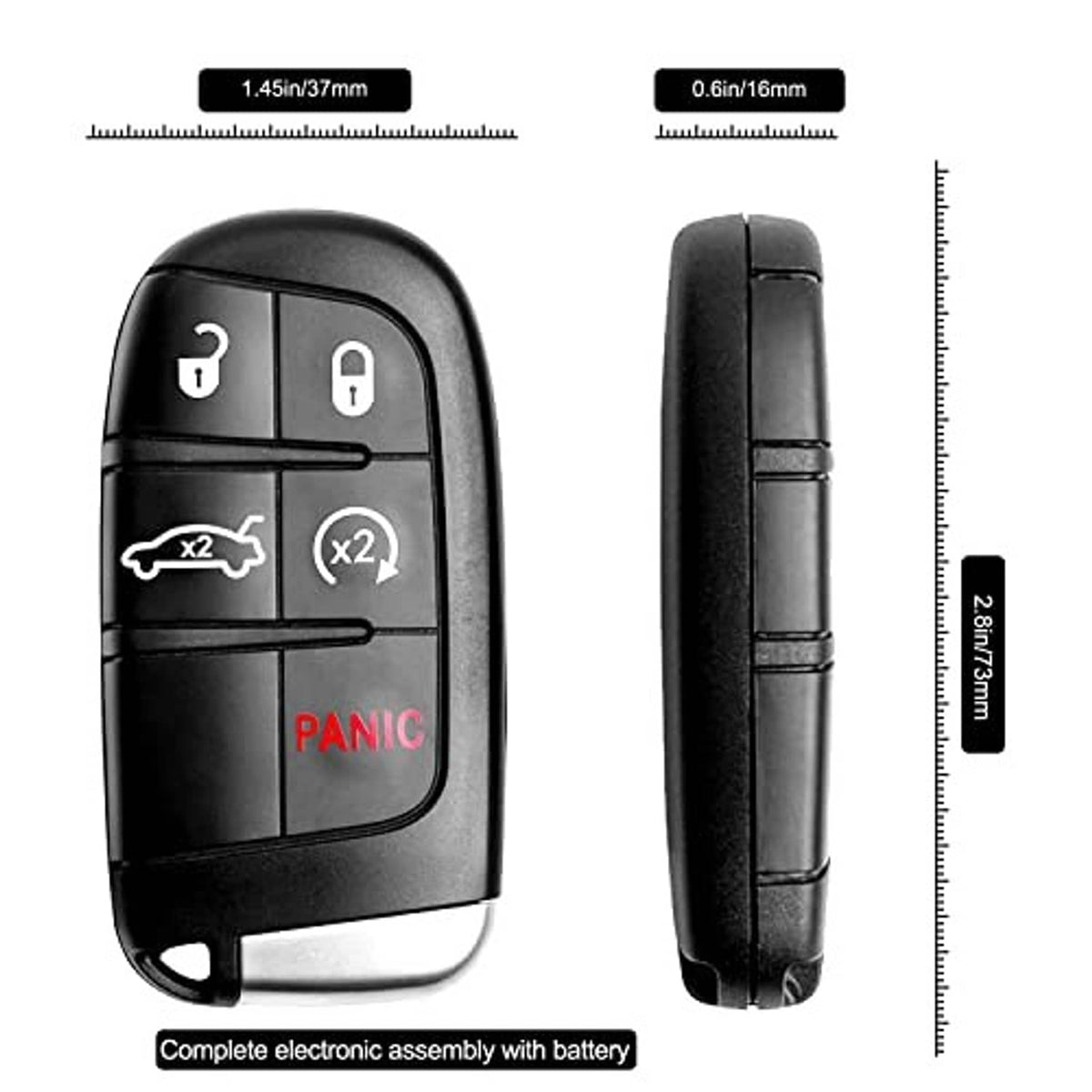 Black key fob with metal key blade, side view showing button edges and seam
