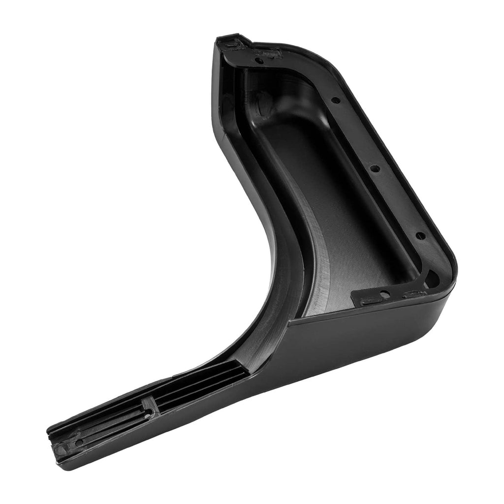 Black plastic fender cap inner side with mounting holes and curved profile
