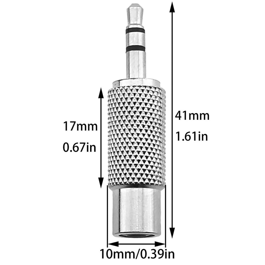 3.5mm stereo to RCA female adapter with metal housing and size markings