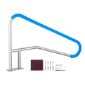 Stainless steel pool handrail with blue non-slip grip and base plate, includes hardware