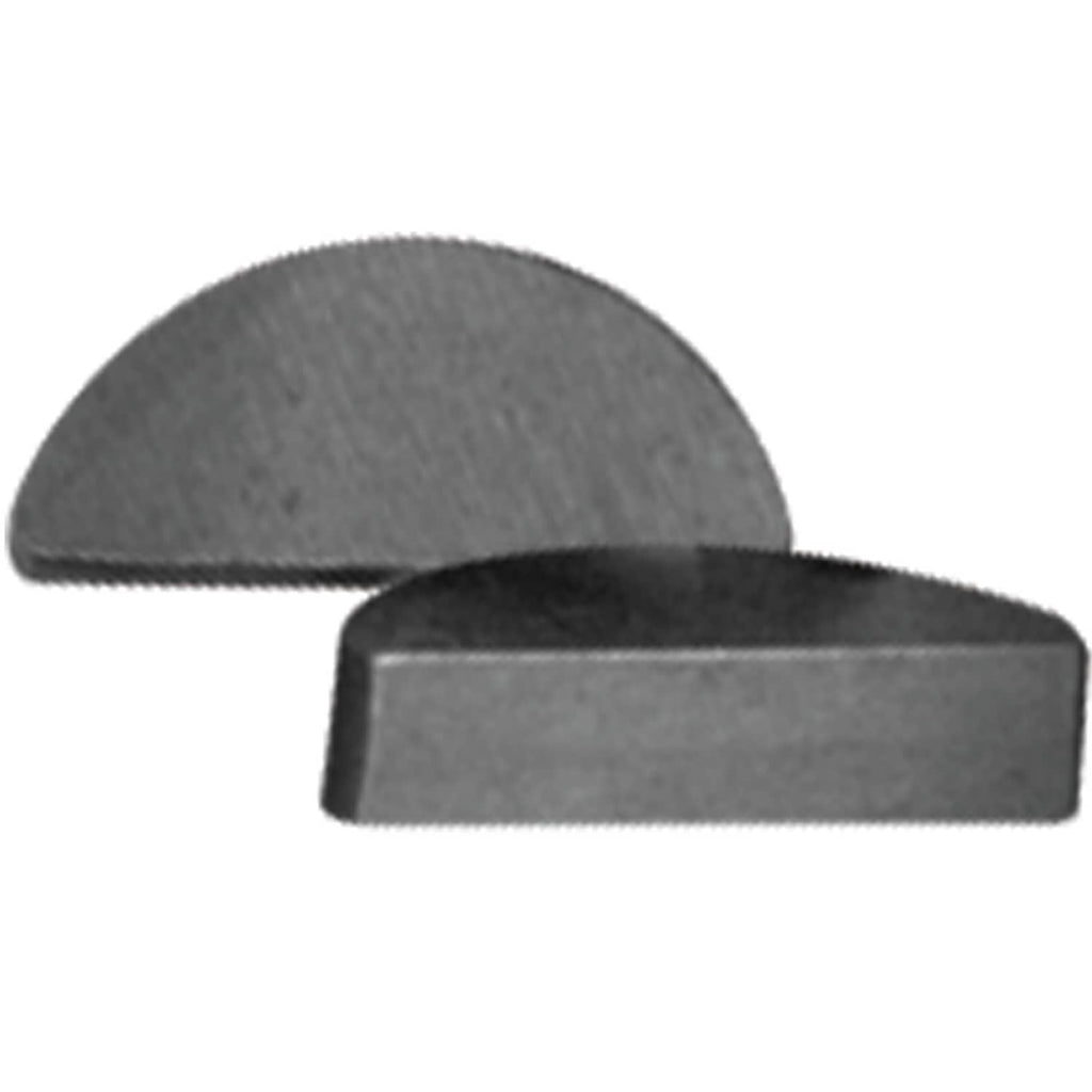 Two dark gray woodruff keys, semicircle profiles for metric shafts