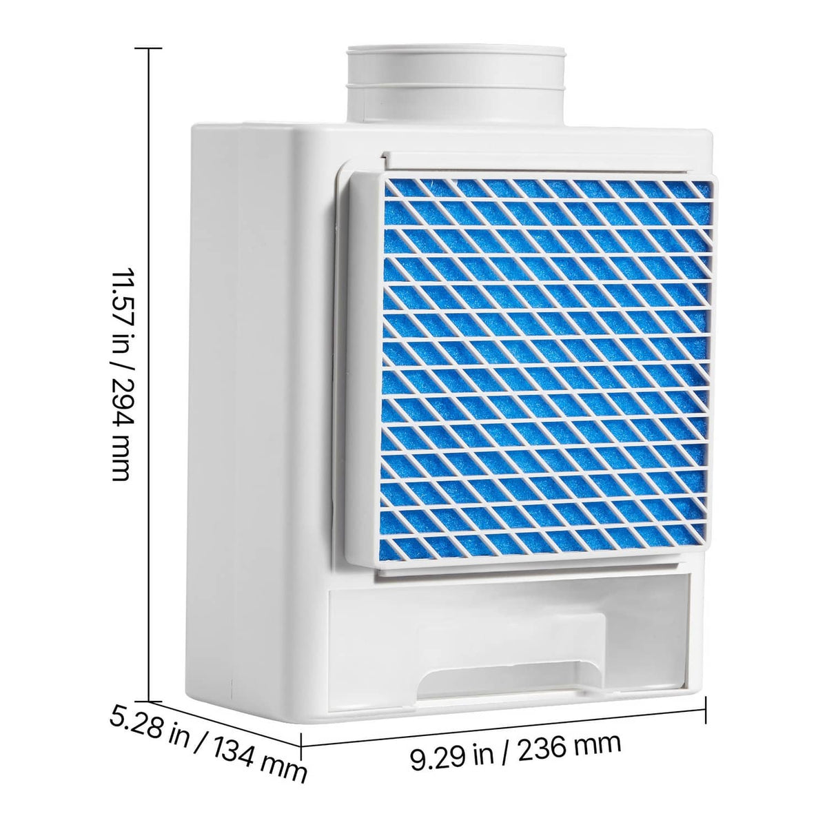 White indoor dryer vent kit with blue mesh filter and side measurements view