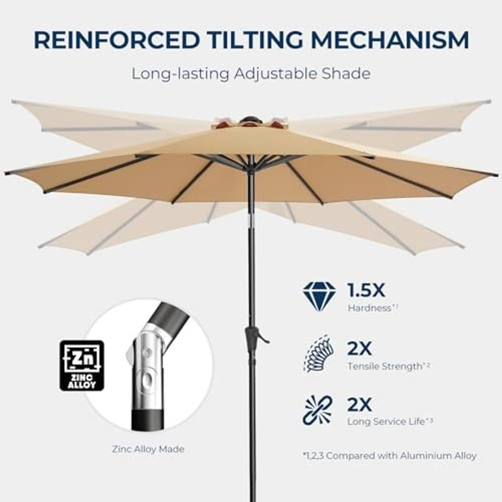 Beige umbrella top hub with tilt mechanism and reinforced canopy ribs