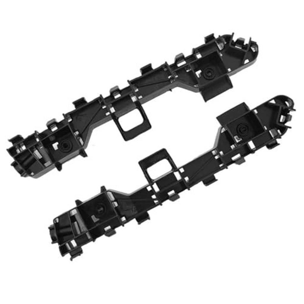 Two black front bumper bracket supports with tabs and rectangular mounting cutouts