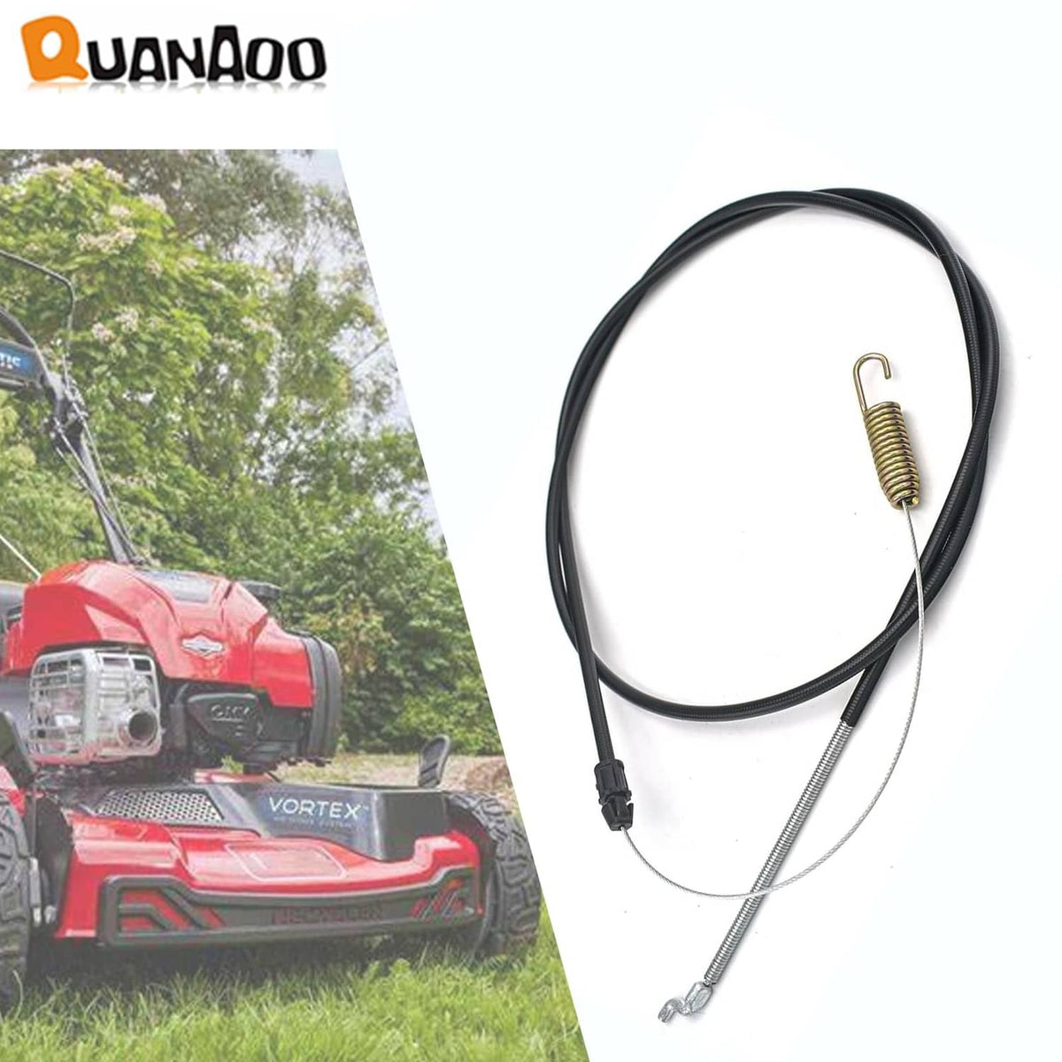 Black traction cable with spring and metal hook ends for self-propelled mower drive