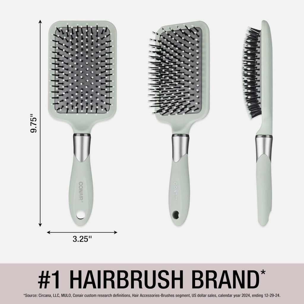 Mint paddle hair brush with cushioned base and ball-tipped nylon bristles, side and top views