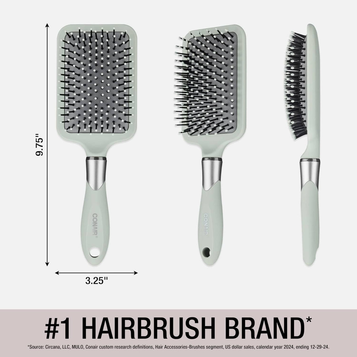 Mint paddle hair brush with cushioned base and ball-tipped nylon bristles, side and top views
