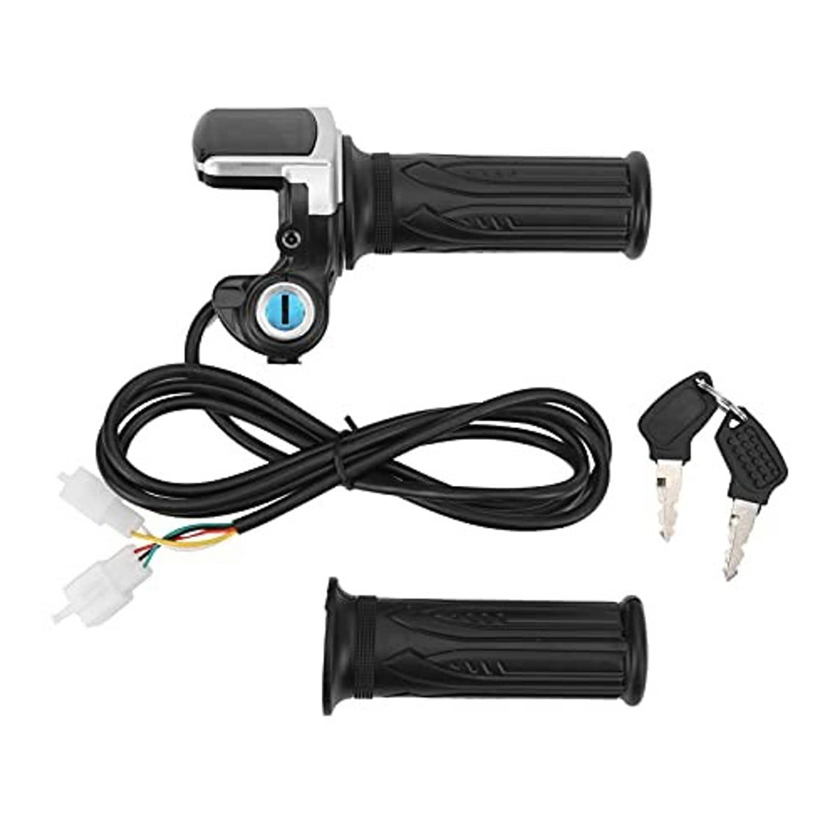Electric bike throttle grip lock set with LED meter, spare grips, and two keys