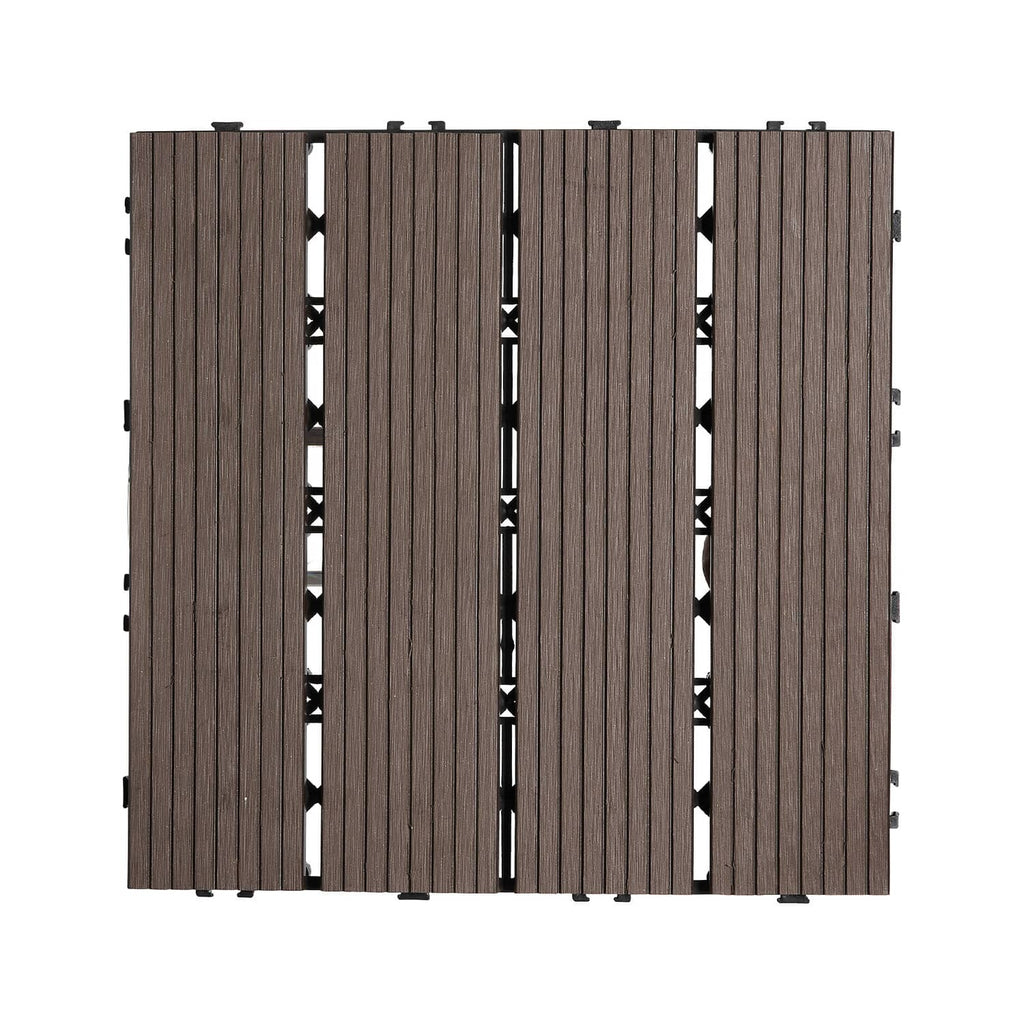 Underside of dark brown interlocking deck tile with crisscross support grid lugs